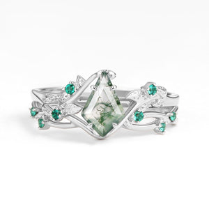 Mossy Nature Inspired Kite Shaped Moss Agate Leafy Ring Set 2pcs.