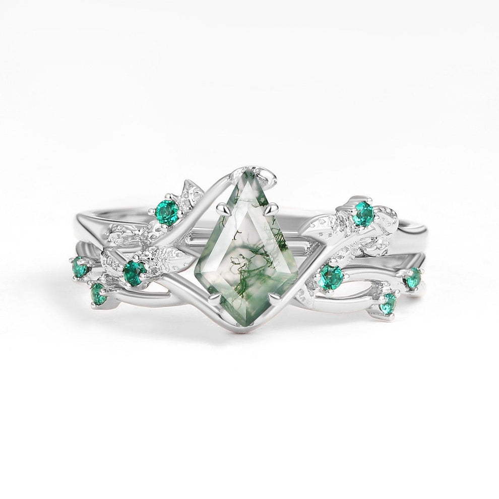 Mossy Nature Inspired Kite Shaped Moss Agate Leafy Ring Set 2pcs.