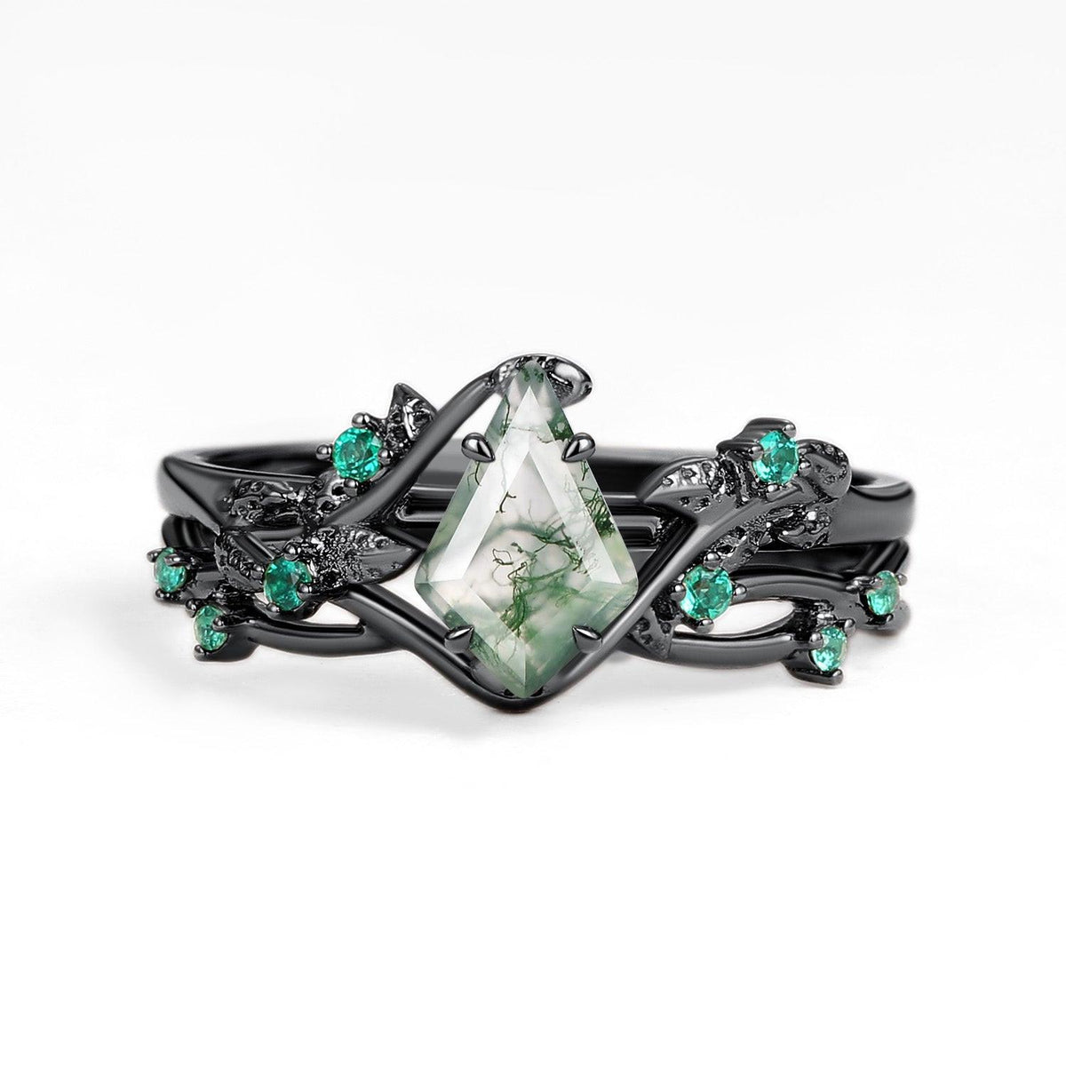 Mossy Nature Inspired Kite Shaped Moss Agate Leafy Ring Set 2pcs.