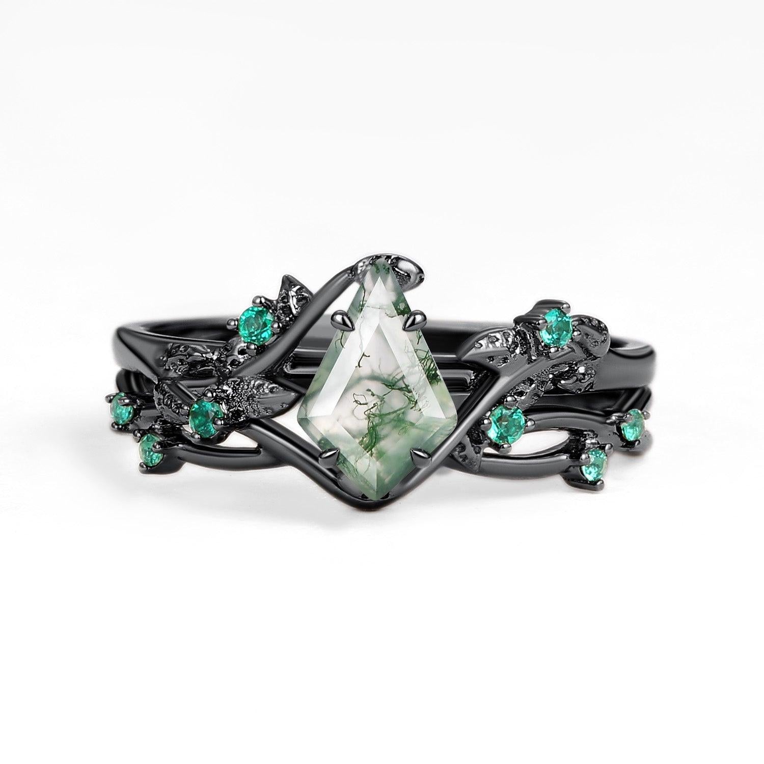 Mossy Nature Inspired Kite Shaped Moss Agate Leafy Ring Set 2pcs.
