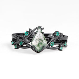 Mossy Nature Inspired Kite Shaped Moss Agate Leafy Ring Set 2pcs.