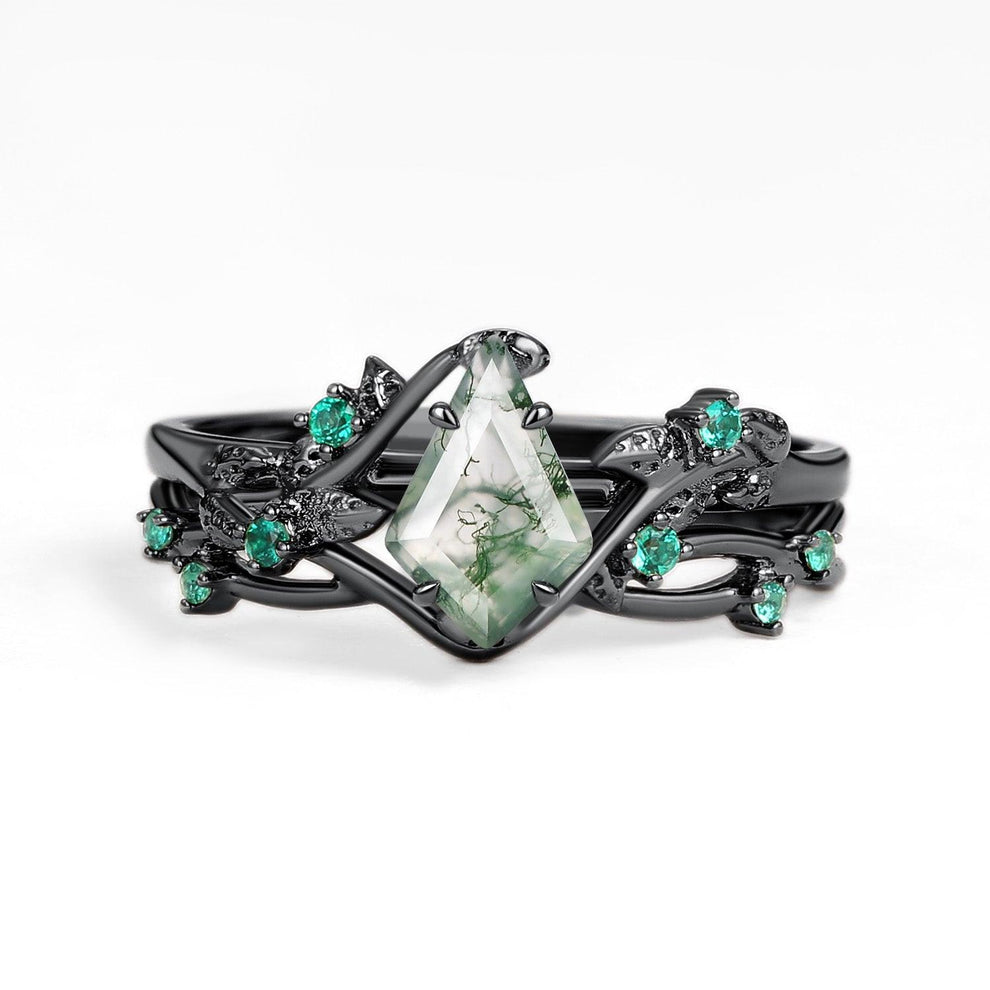 Mossy Nature Inspired Kite Shaped Moss Agate Leafy Ring Set 2pcs.