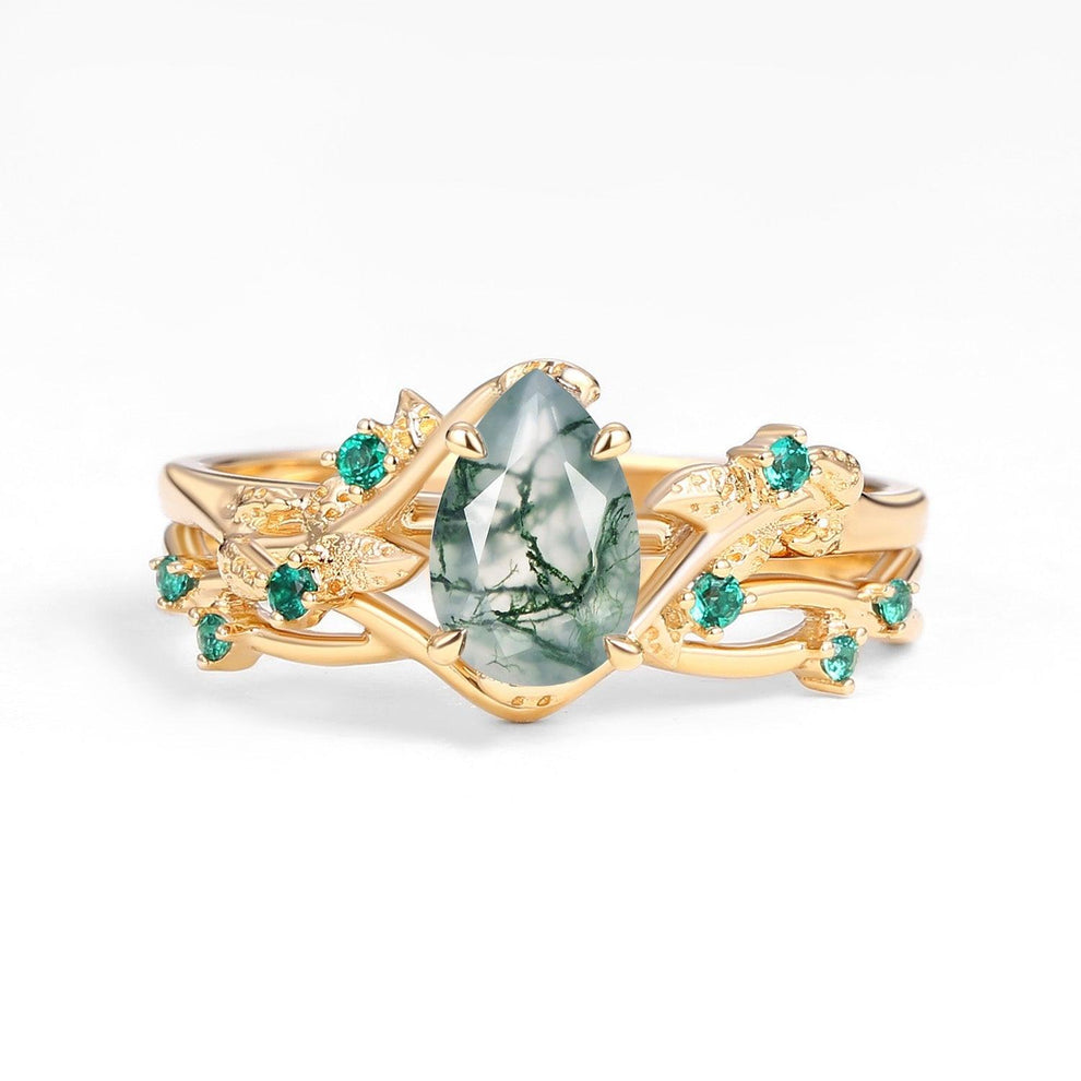 Nature Inspired - Pear Shaped Moss Agate Leafy Ring Set 2pcs.