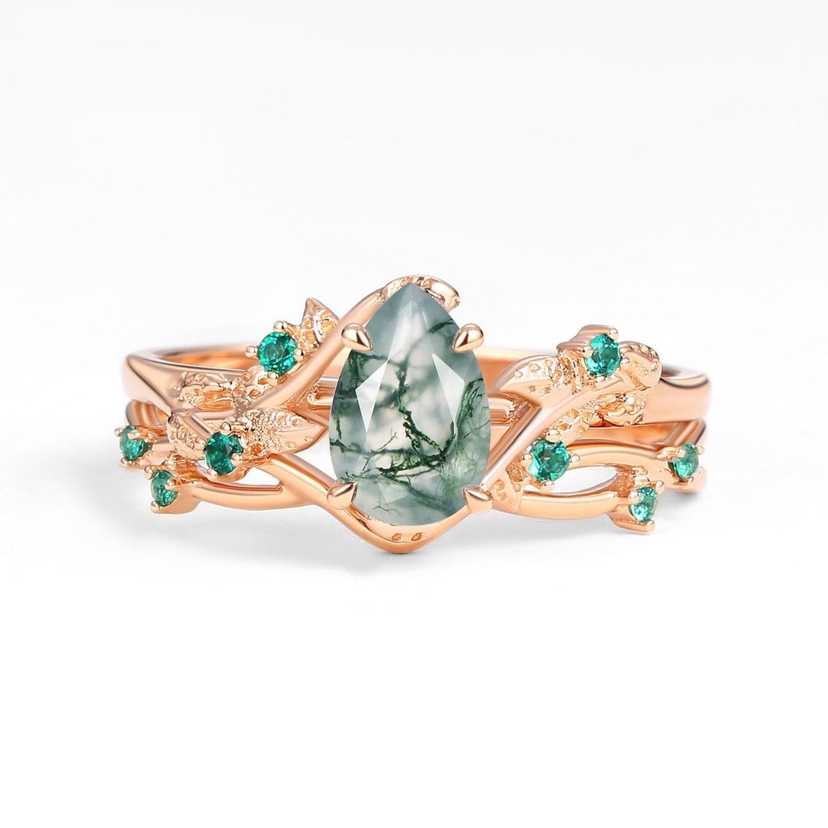 Nature Inspired - Pear Shaped Moss Agate Leafy Ring Set 2pcs.