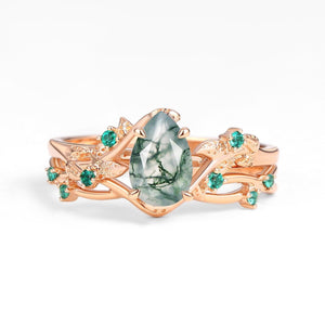 Nature Inspired - Pear Shaped Moss Agate Leafy Ring Set 2pcs.