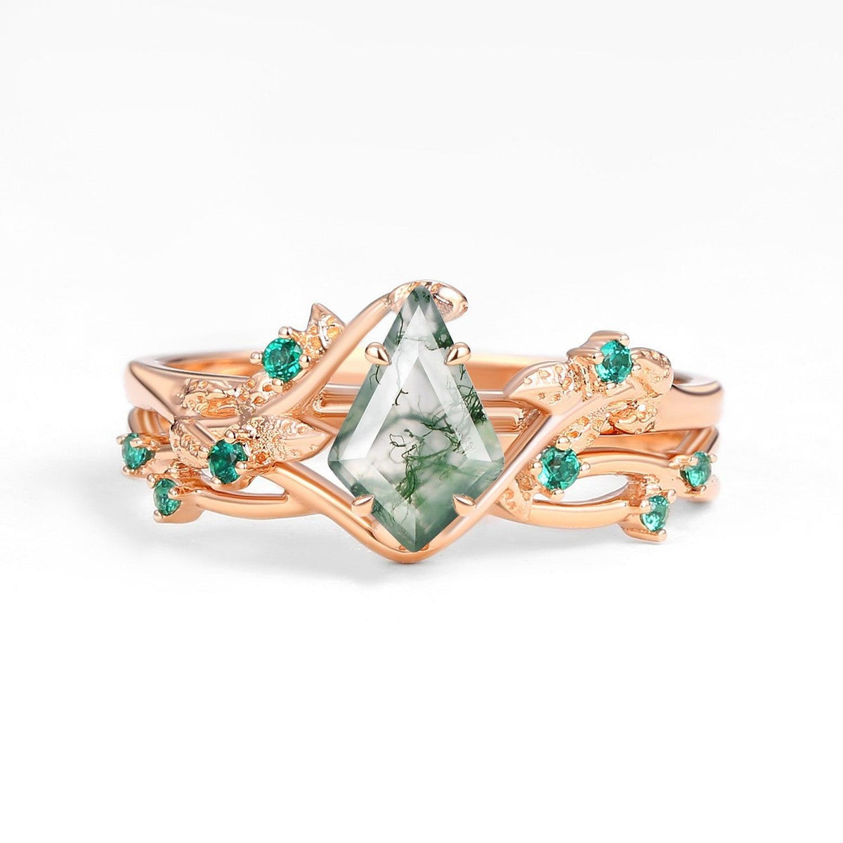 Mossy Nature Inspired Kite Shaped Moss Agate Leafy Ring Set 2pcs.