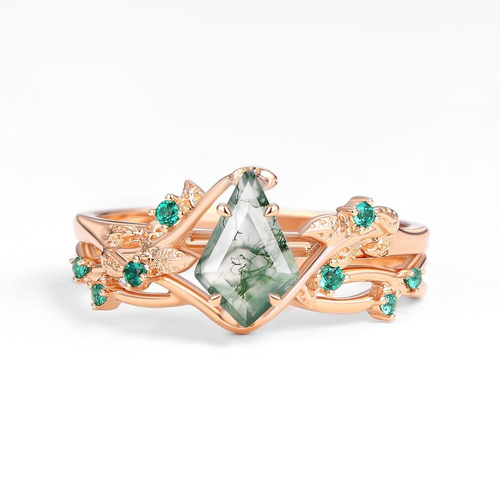 Mossy Nature Inspired Kite Shaped Moss Agate Leafy Ring Set 2pcs.
