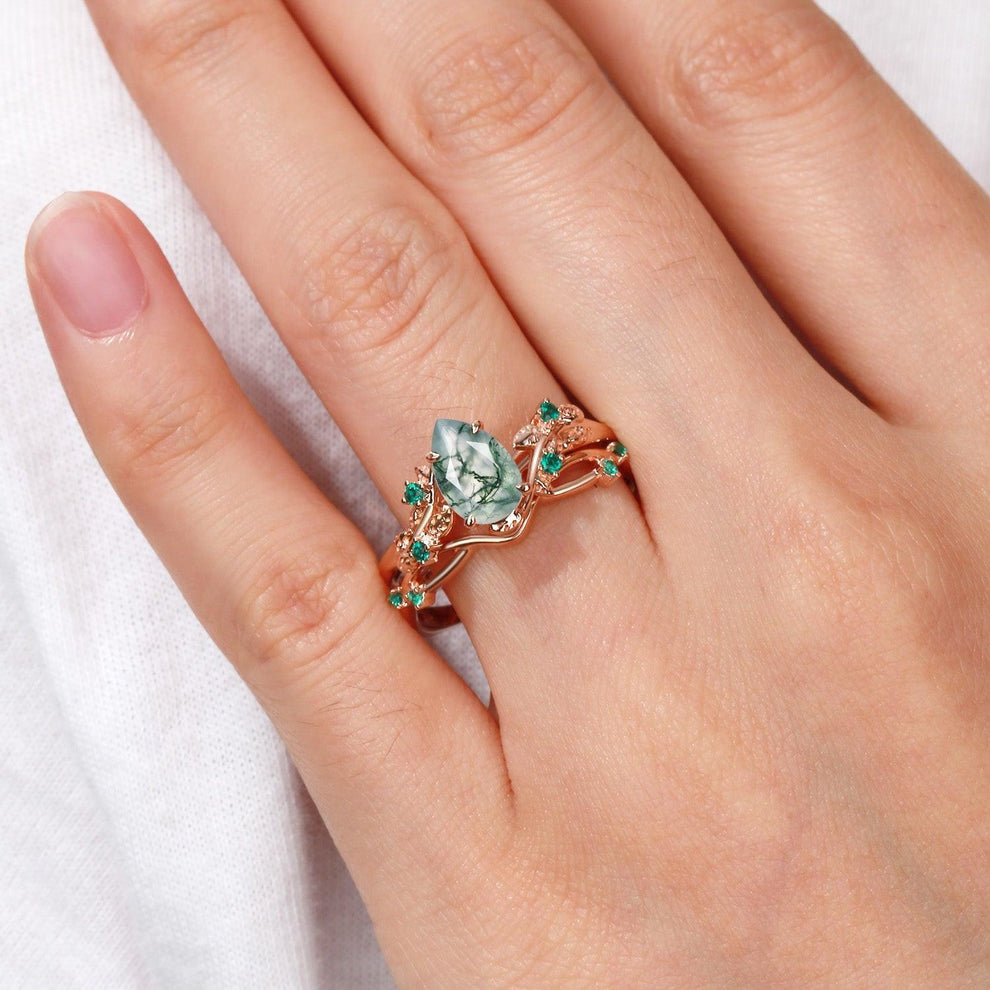 Nature Inspired - Pear Shaped Moss Agate Leafy Ring Set 2pcs.