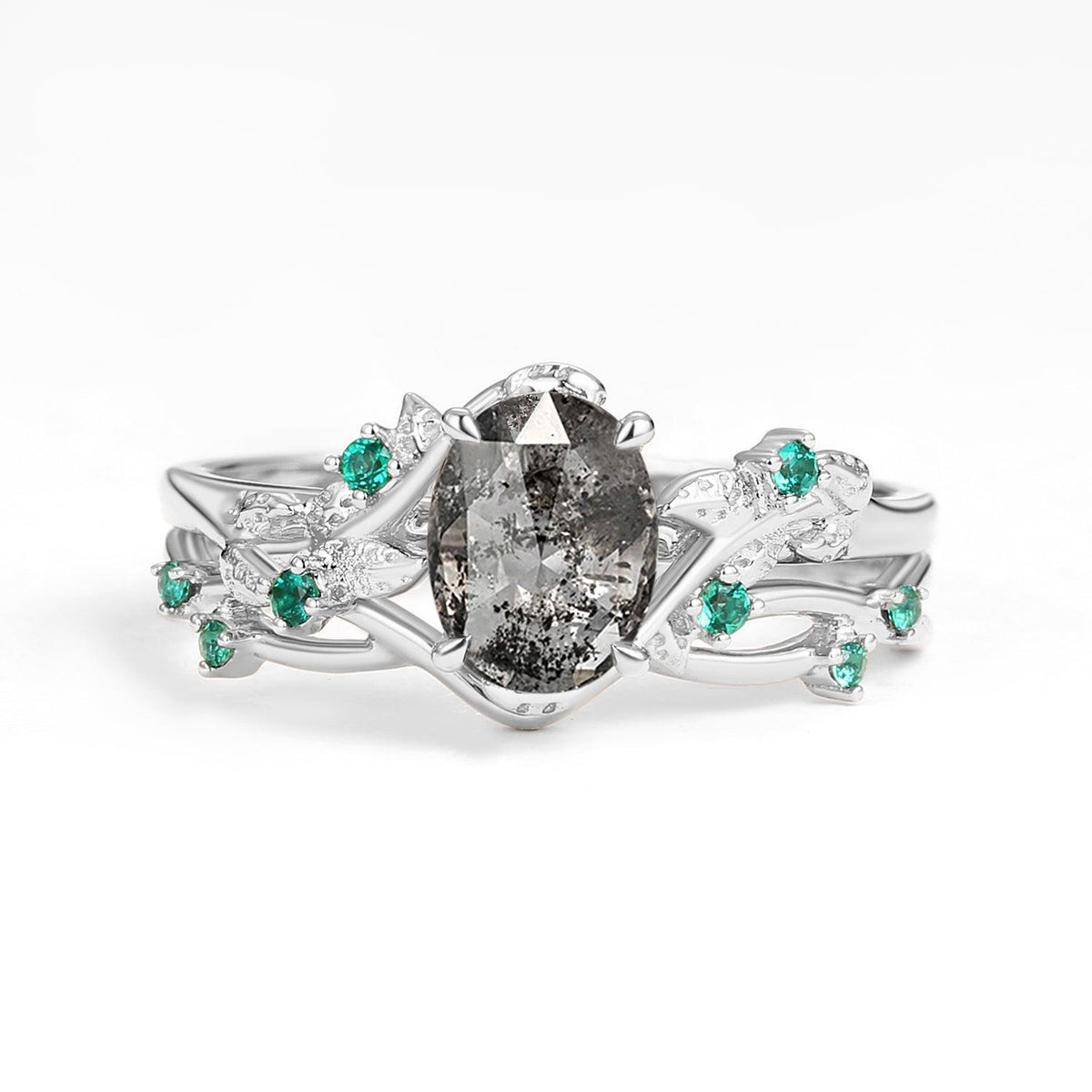 Sylvie’s Nocturne | Oval Cut Moss Agate Leafy Black Gold Ring Set 2pcs.