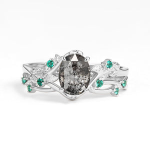 Sylvie’s Nocturne | Oval Cut Moss Agate Leafy Black Gold Ring Set 2pcs.