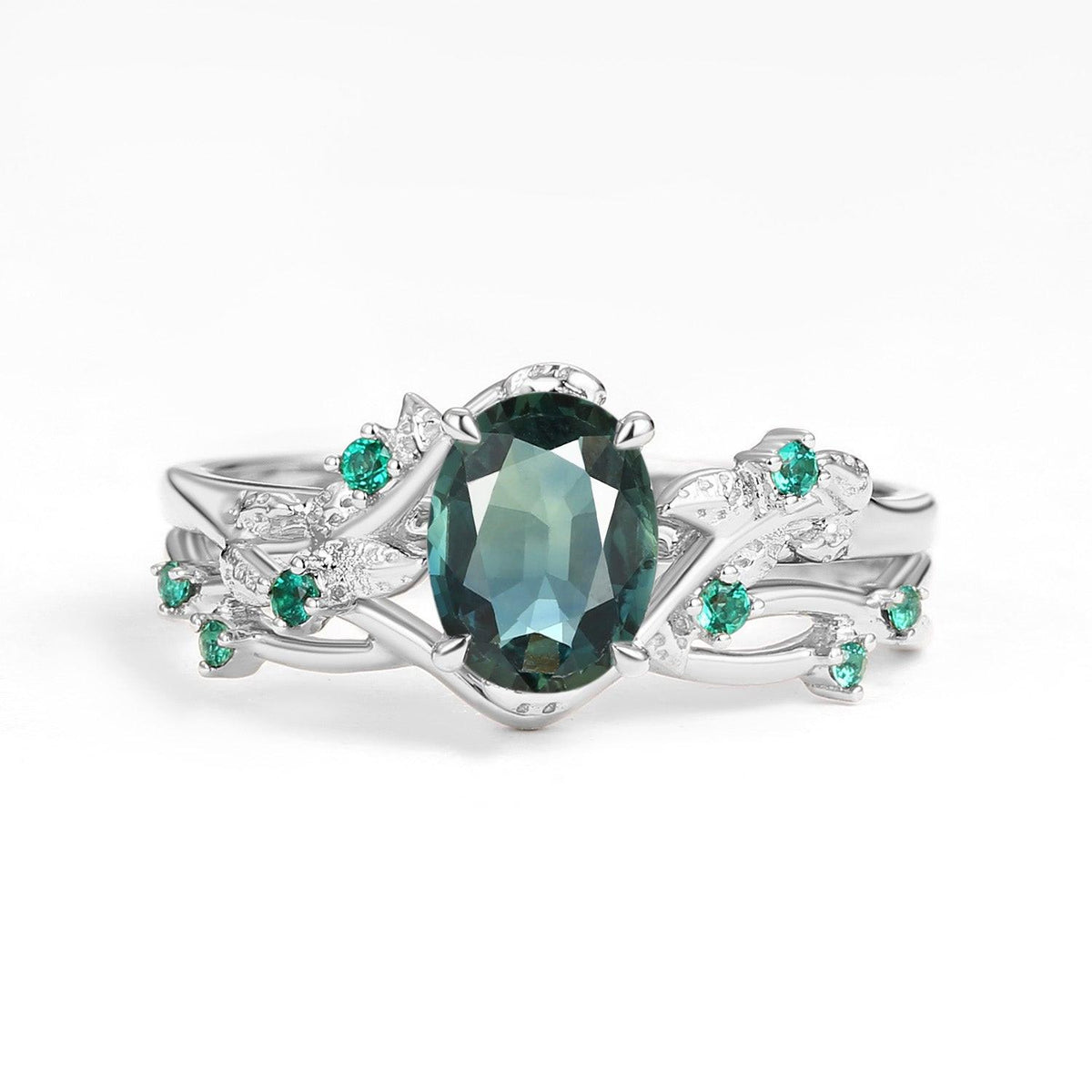 Sylvie’s Nocturne | Oval Cut Moss Agate Leafy Black Gold Ring Set 2pcs.