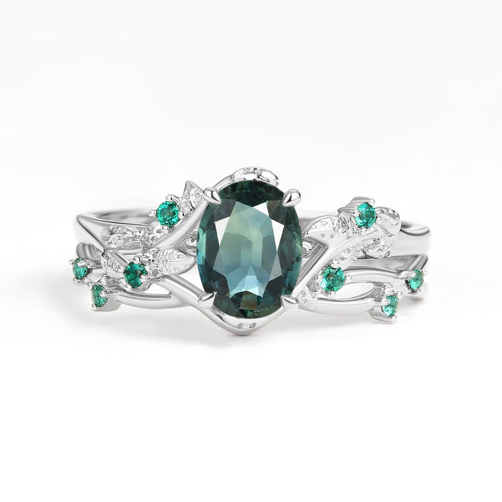 Sylvie’s Nocturne | Oval Cut Moss Agate Leafy Black Gold Ring Set 2pcs.