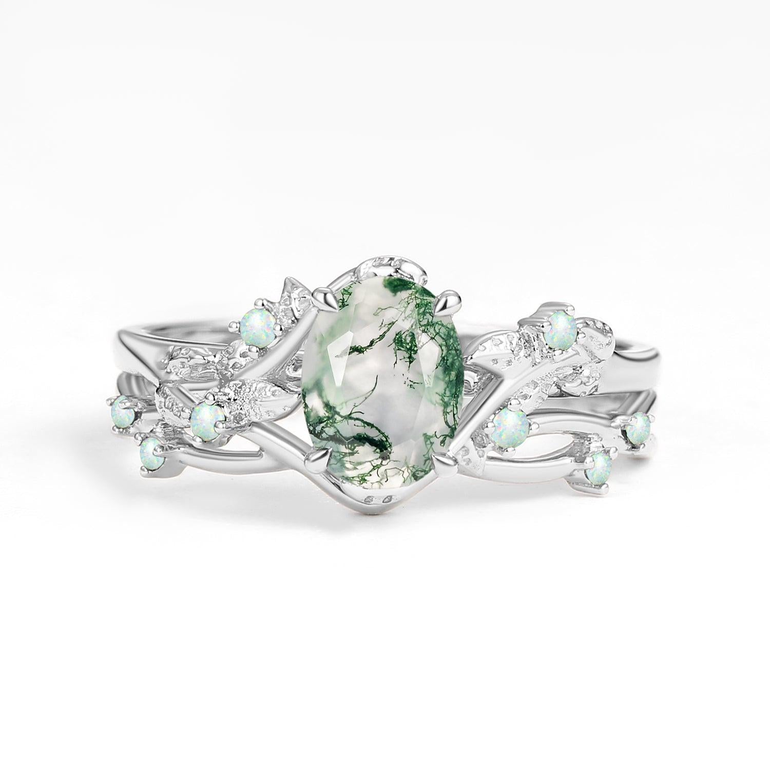 Sylvie’s Nocturne | Oval Cut Moss Agate Leafy Black Gold Ring Set 2pcs.