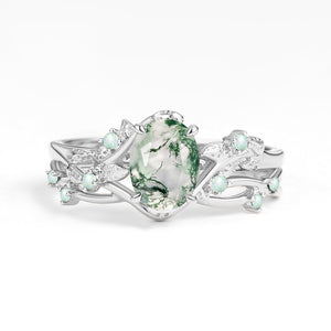 Sylvie’s Nocturne | Oval Cut Moss Agate Leafy Black Gold Ring Set 2pcs.