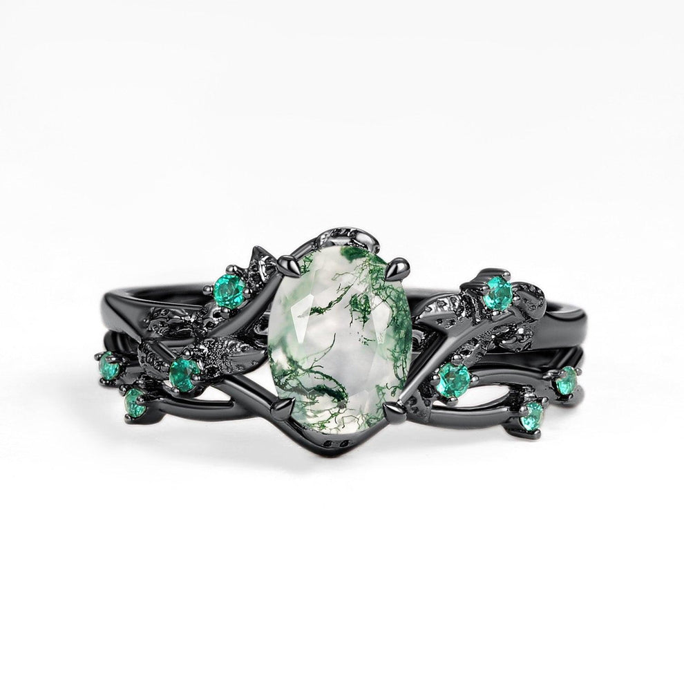 Evergreen Vows | Oval Moss Agate Leaf Veil Black Gold Couple Set 3pcs.
