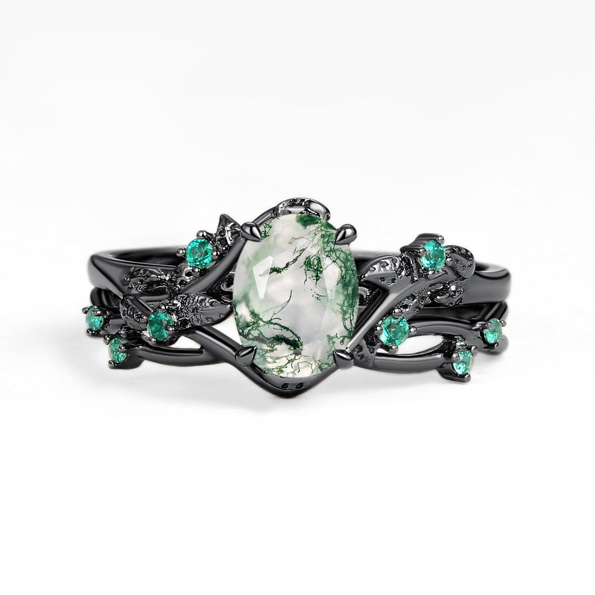 Sylvie’s Nocturne | Oval Cut Moss Agate Leafy Black Gold Ring Set 2pcs.