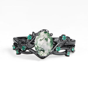 Sylvie’s Nocturne | Oval Cut Moss Agate Leafy Black Gold Ring Set 2pcs.