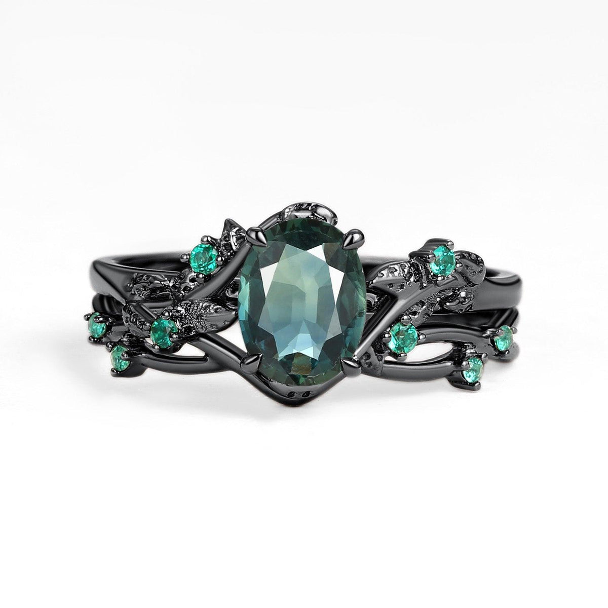 Sylvie’s Nocturne | Oval Cut Moss Agate Leafy Black Gold Ring Set 2pcs.
