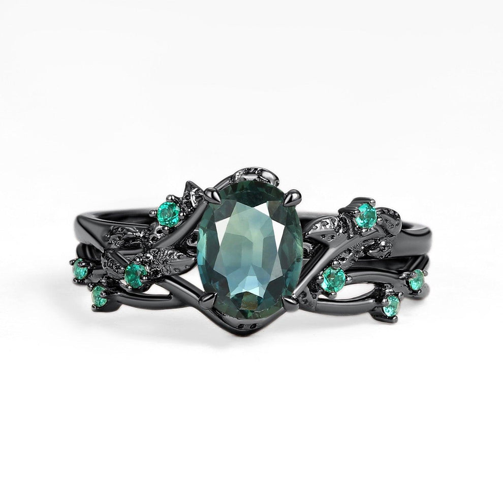Sylvie’s Nocturne | Oval Cut Moss Agate Leafy Black Gold Ring Set 2pcs.