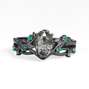 Sylvie’s Nocturne | Oval Cut Moss Agate Leafy Black Gold Ring Set 2pcs.
