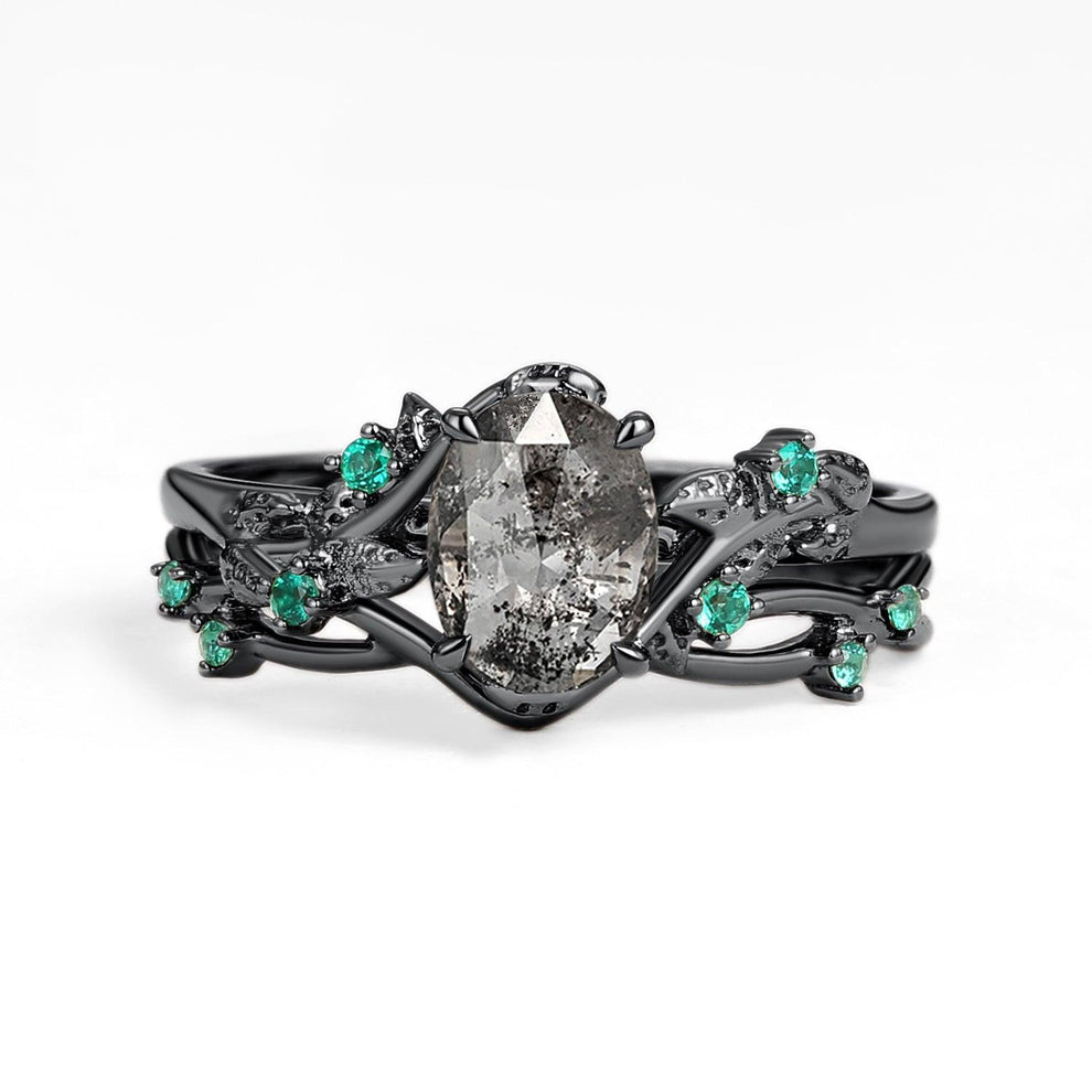 Sylvie’s Nocturne | Oval Cut Moss Agate Leafy Black Gold Ring Set 2pcs.