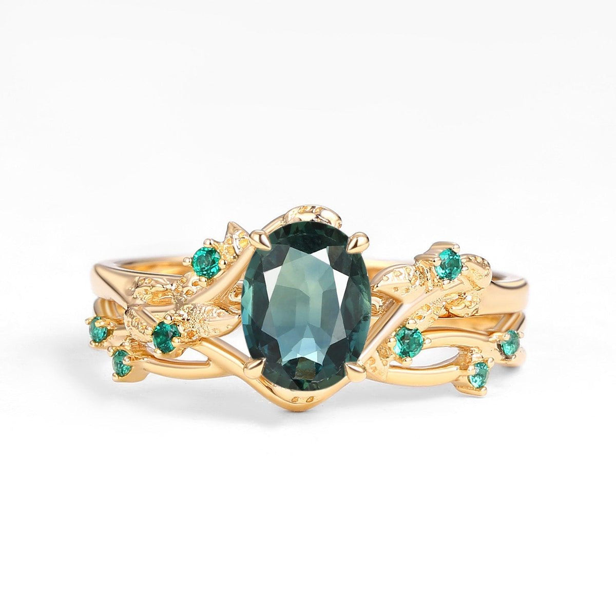 Sylvie’s Nocturne | Oval Cut Moss Agate Leafy Black Gold Ring Set 2pcs.