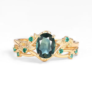 Sylvie’s Nocturne | Oval Cut Moss Agate Leafy Black Gold Ring Set 2pcs.