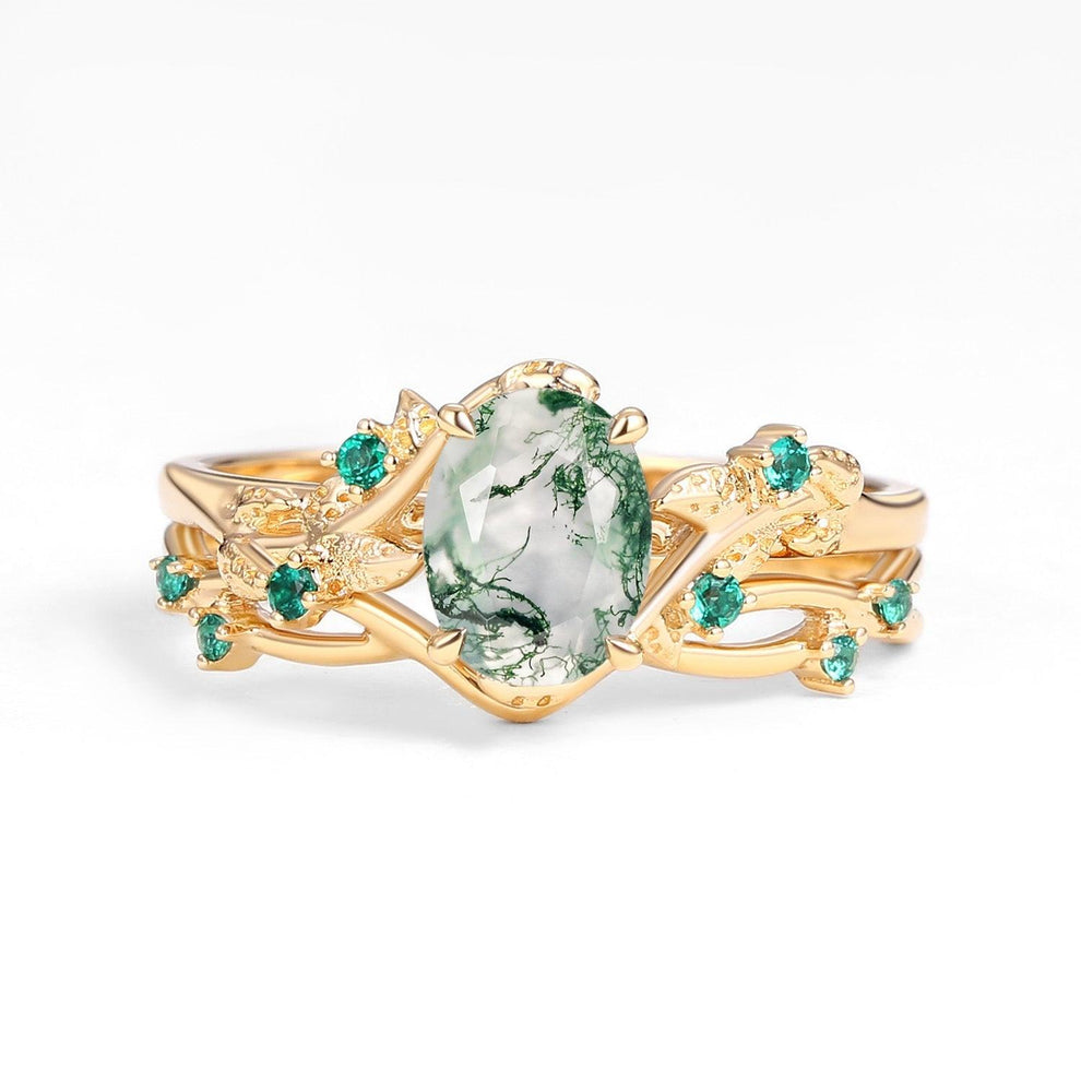 Evergreen Vows | Oval Moss Agate Leaf Veil Black Gold Couple Set 3pcs.