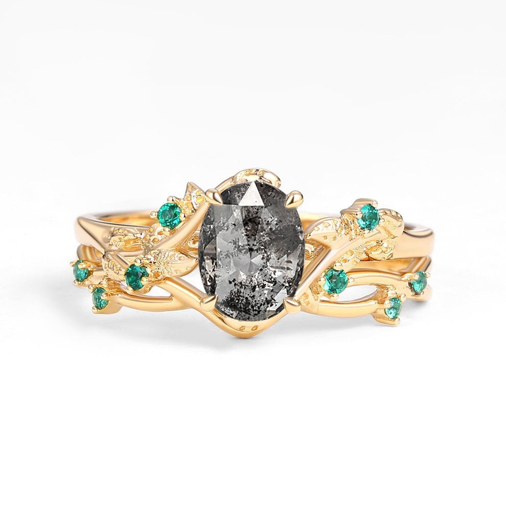 Sylvie’s Nocturne | Oval Cut Moss Agate Leafy Black Gold Ring Set 2pcs.