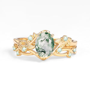 Sylvie’s Nocturne | Oval Cut Moss Agate Leafy Black Gold Ring Set 2pcs.