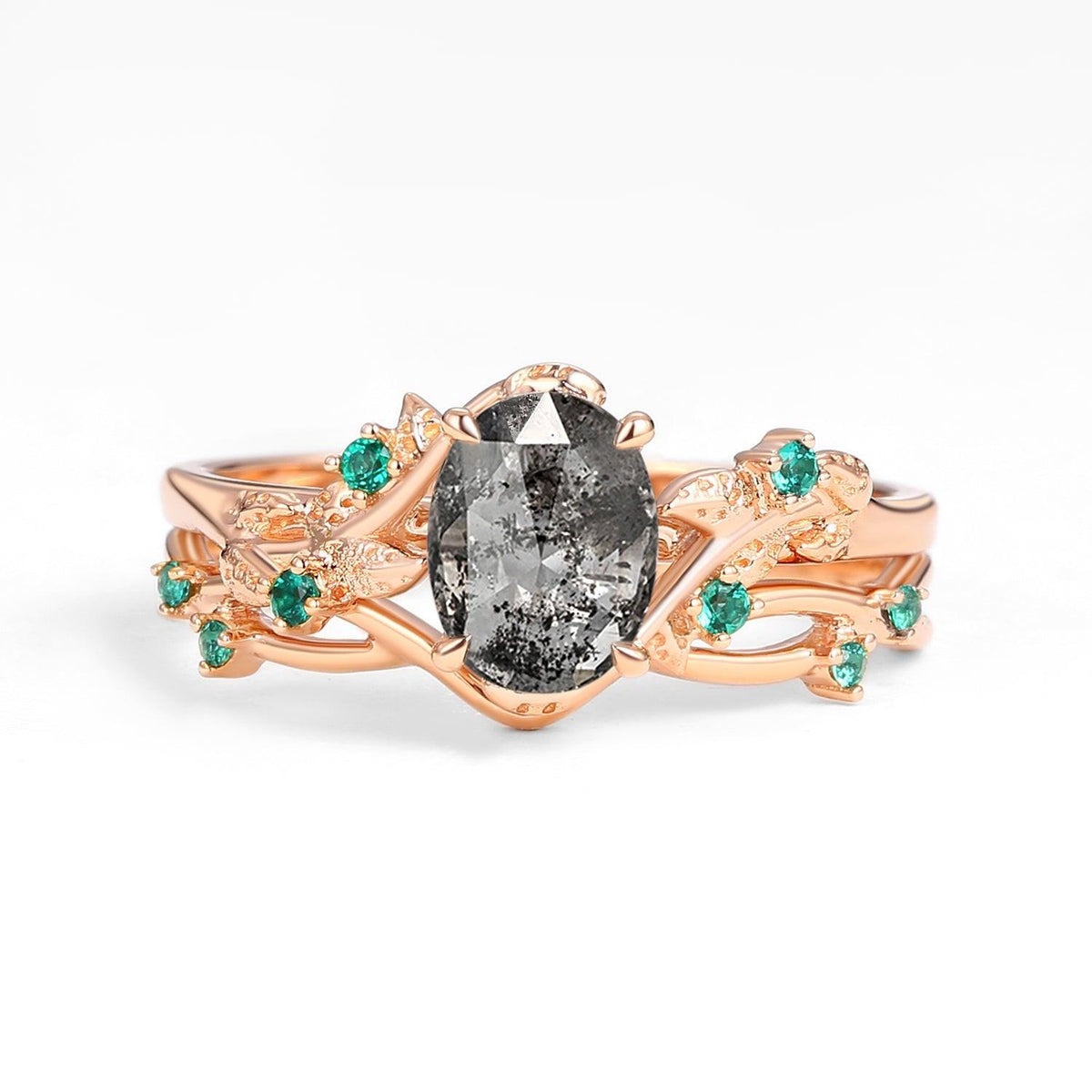 Sylvie’s Nocturne | Oval Cut Moss Agate Leafy Black Gold Ring Set 2pcs.