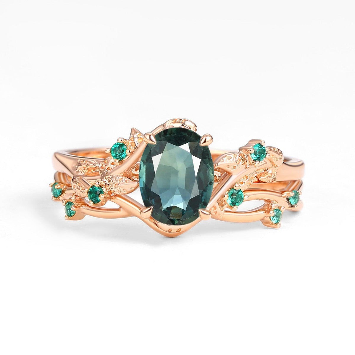 Sylvie’s Nocturne | Oval Cut Moss Agate Leafy Black Gold Ring Set 2pcs.