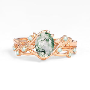Sylvie’s Nocturne | Oval Cut Moss Agate Leafy Black Gold Ring Set 2pcs.