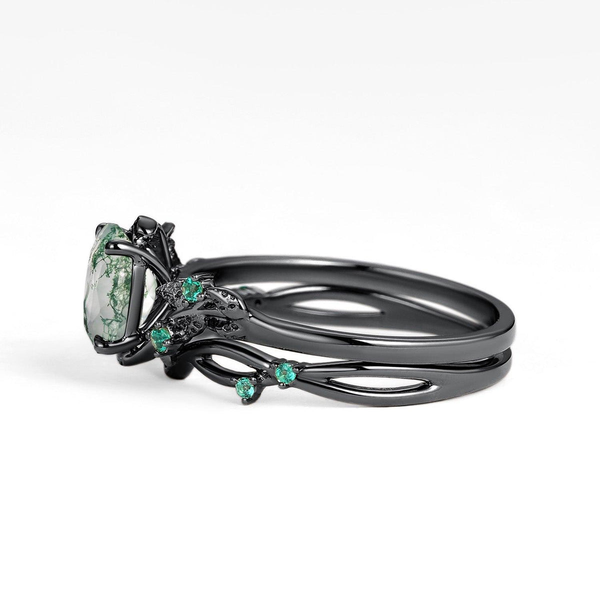 Sylvie’s Nocturne | Oval Cut Moss Agate Leafy Black Gold Ring Set 2pcs.