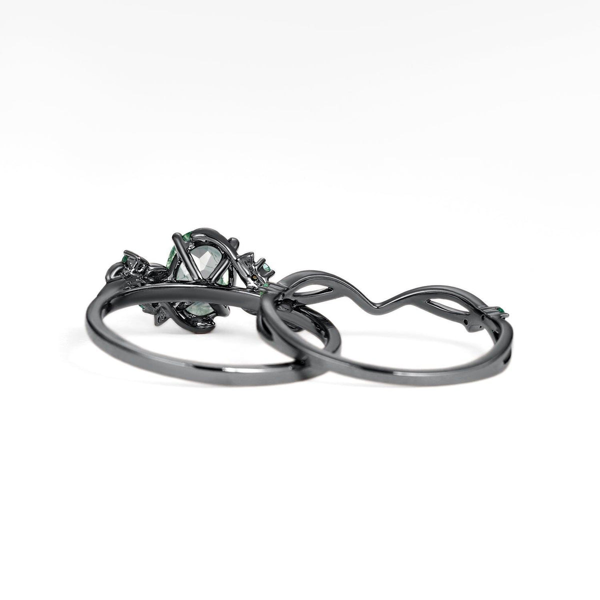 Sylvie’s Nocturne | Oval Cut Moss Agate Leafy Black Gold Ring Set 2pcs.
