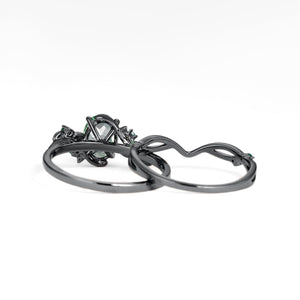 Sylvie’s Nocturne | Oval Cut Moss Agate Leafy Black Gold Ring Set 2pcs.