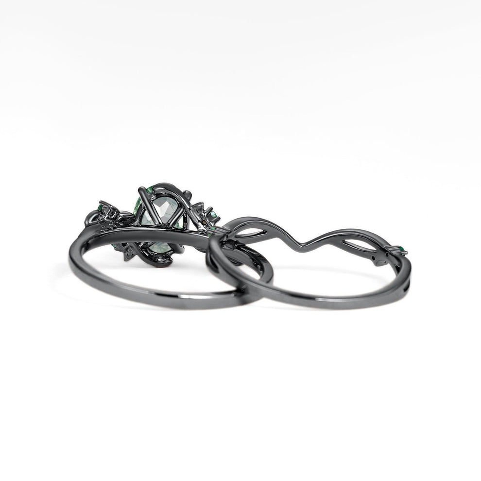 Sylvie’s Nocturne | Oval Cut Moss Agate Leafy Black Gold Ring Set 2pcs.