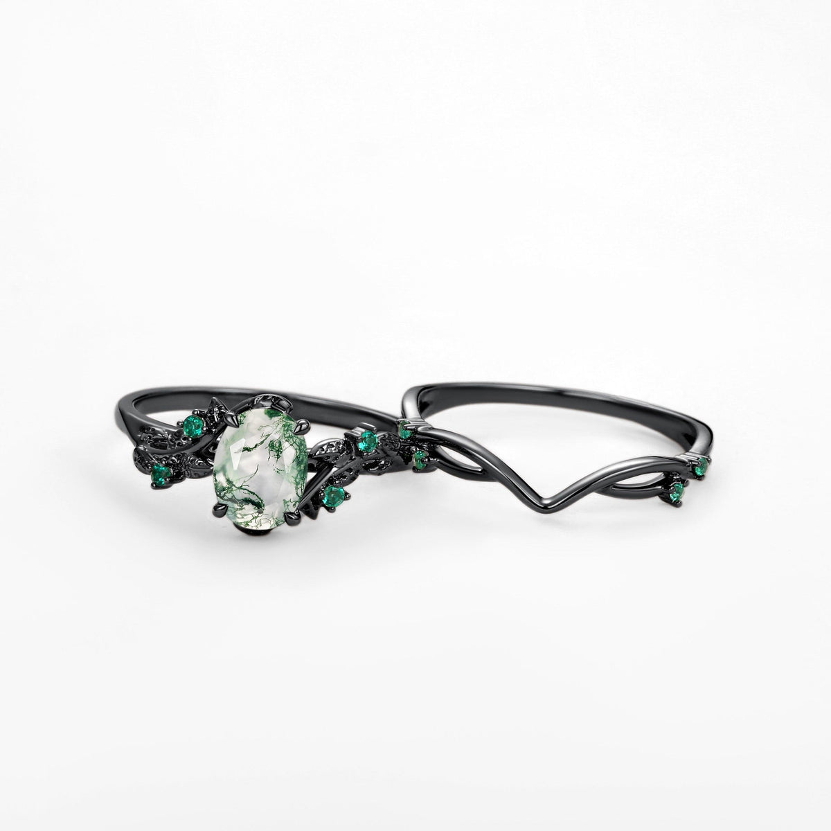 Sylvie’s Nocturne | Oval Cut Moss Agate Leafy Black Gold Ring Set 2pcs.