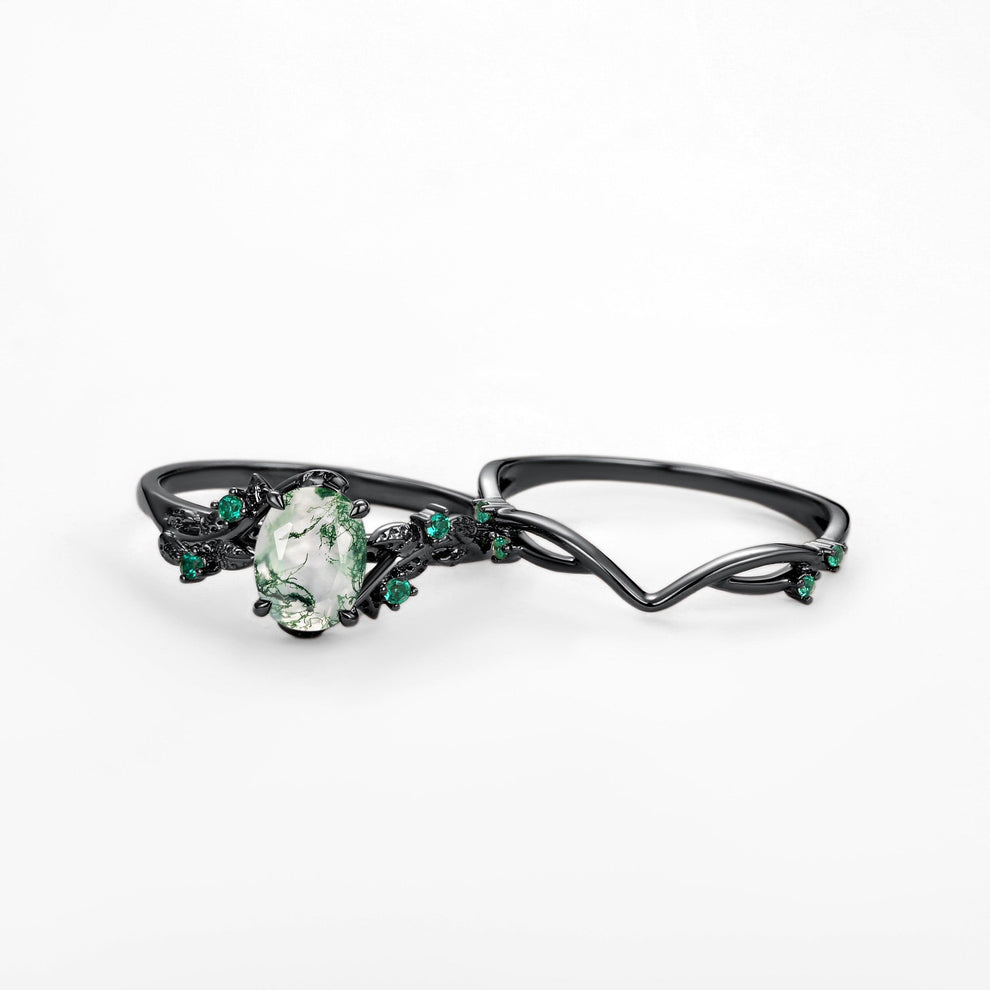 Sylvie’s Nocturne | Oval Cut Moss Agate Leafy Black Gold Ring Set 2pcs.