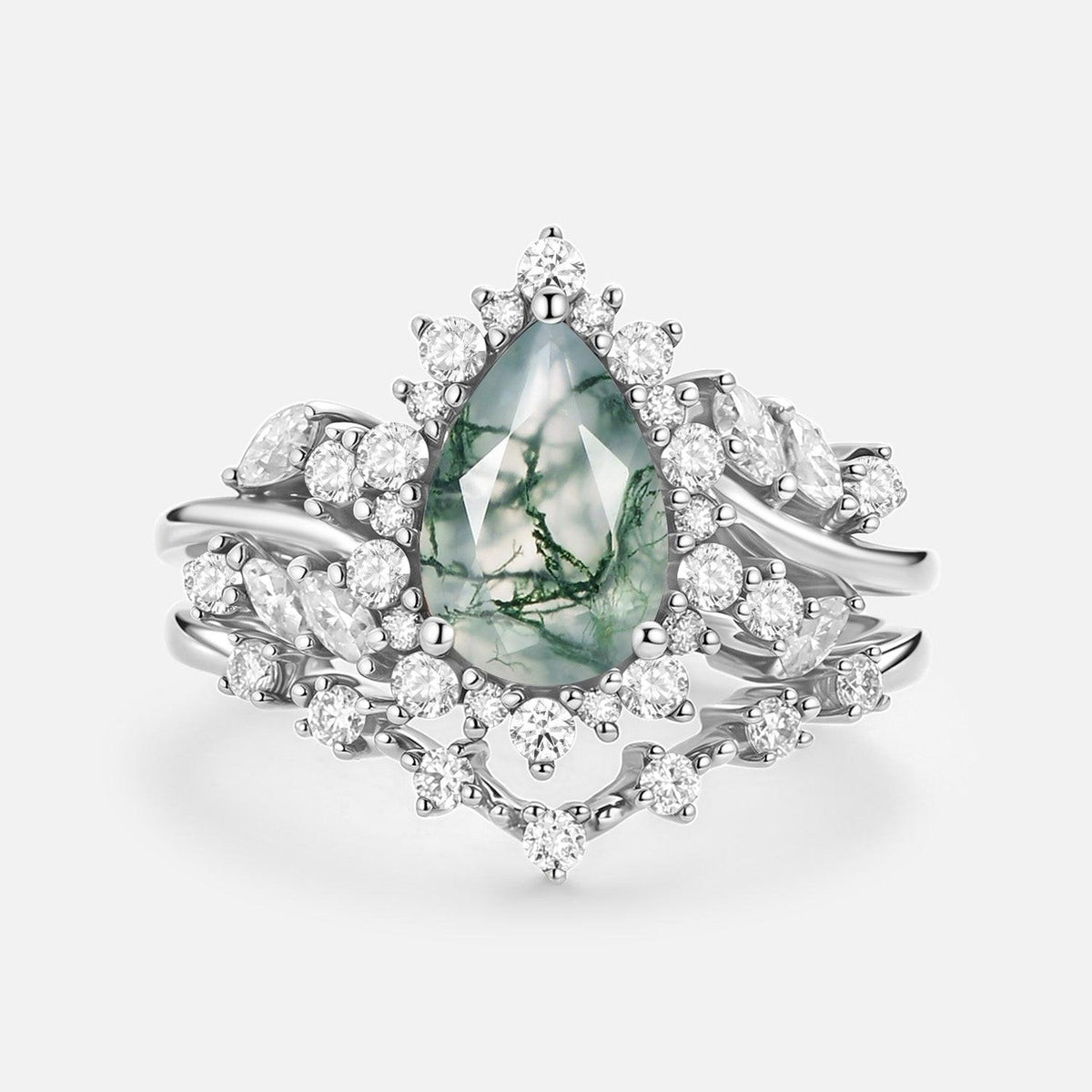 Kaelin Pear Cut Moss Agate Cluster Engagement Ring Set 2pcs.