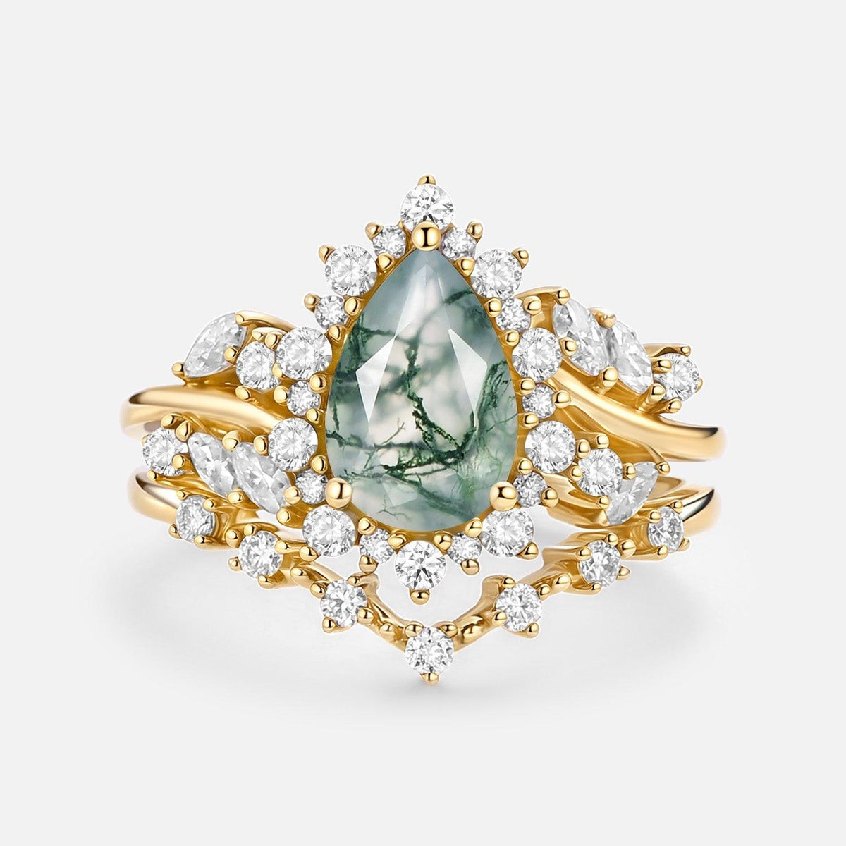 Kaelin Pear Cut Moss Agate Cluster Engagement Ring Set 2pcs.