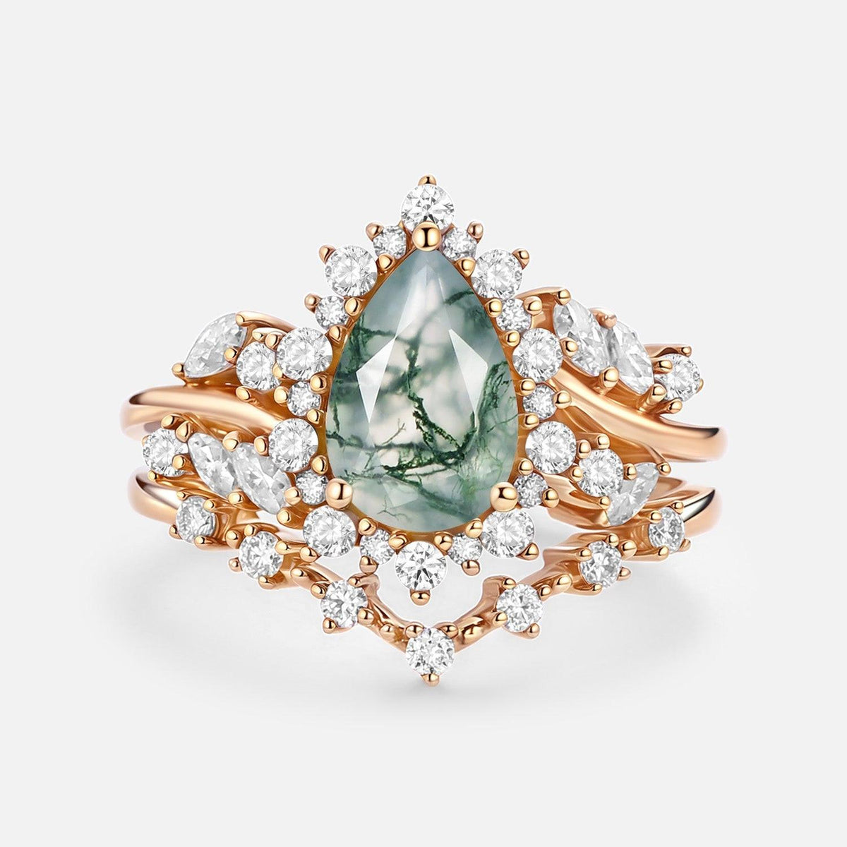 Kaelin Pear Cut Moss Agate Cluster Engagement Ring Set 2pcs.