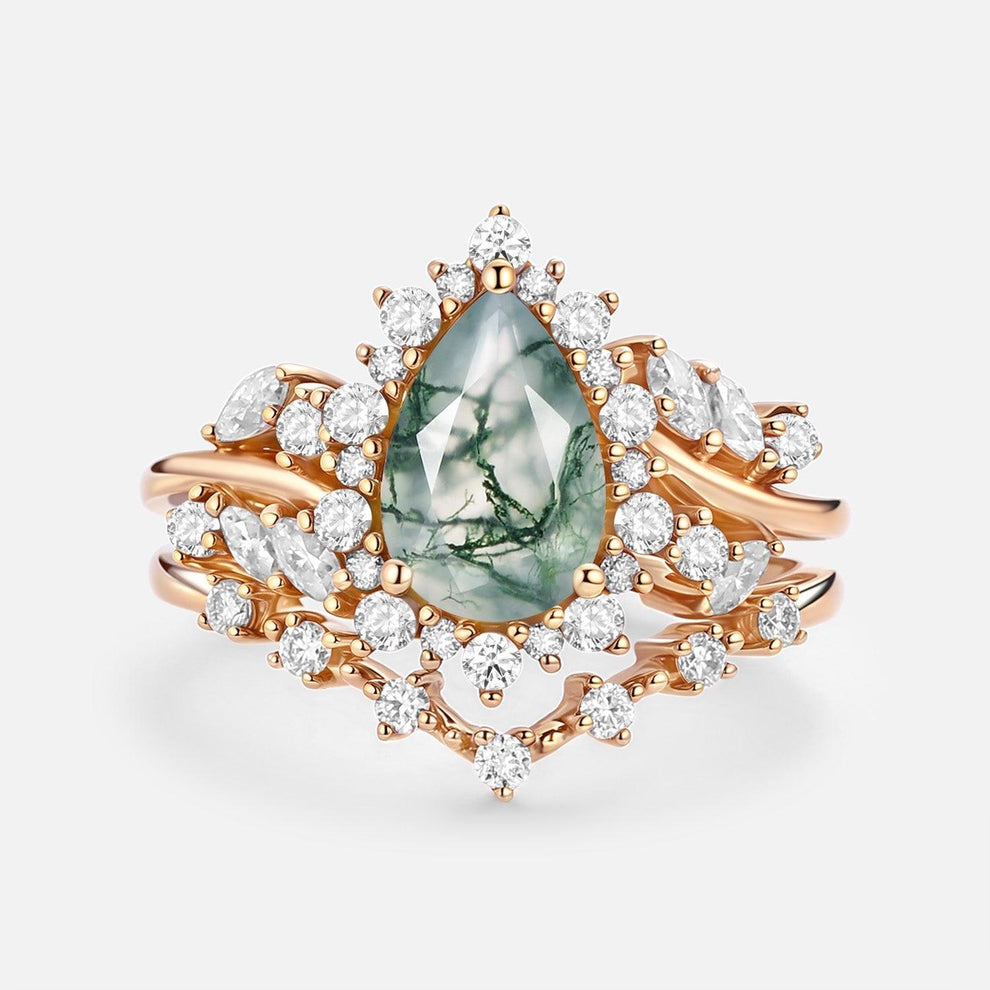 Kaelin Pear Cut Moss Agate Cluster Engagement Ring Set 2pcs.