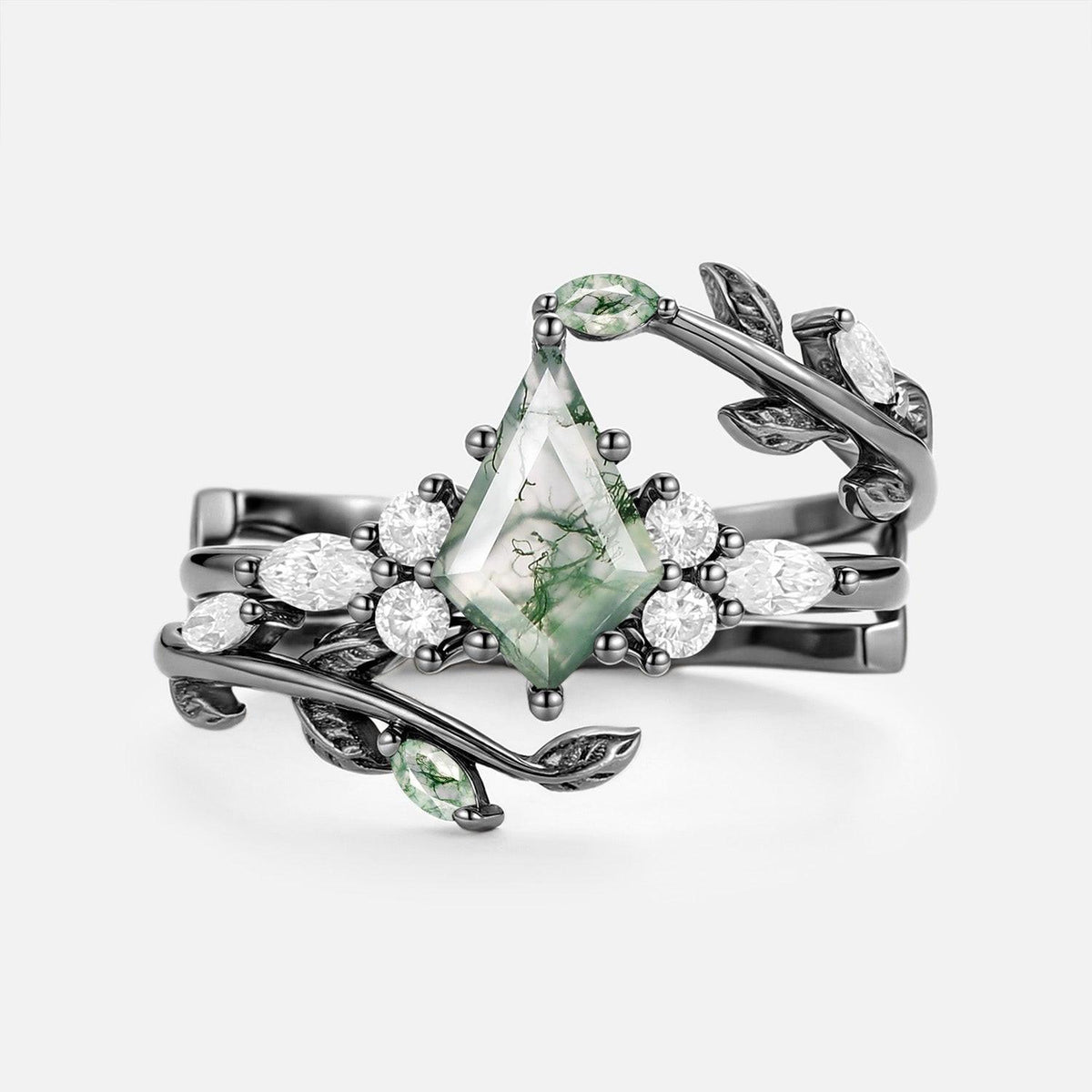 Vern Kite Cut Moss Agate Leafy Cage Engagement Ring Set 2pcs.