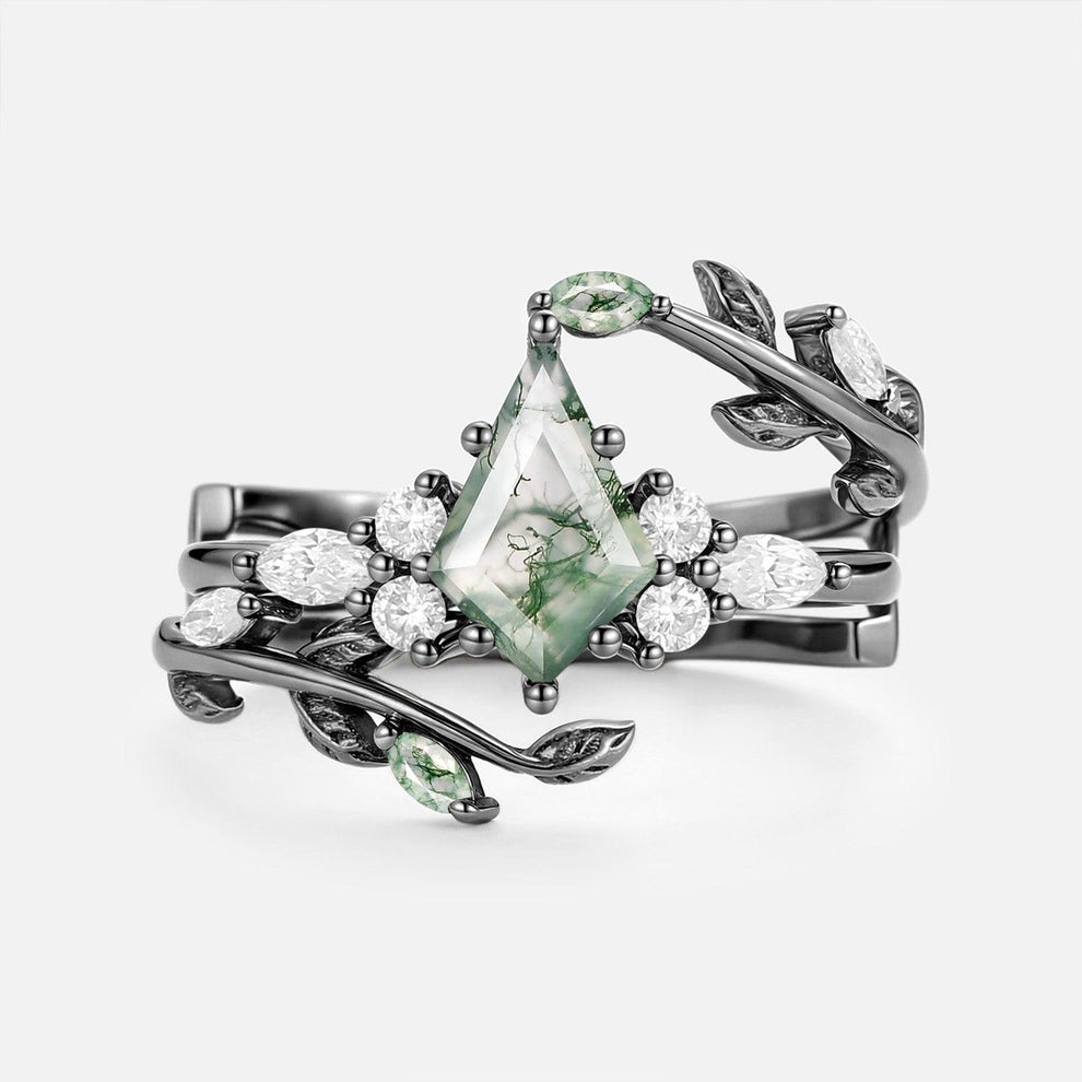 Vern Kite Cut Moss Agate Leafy Cage Engagement Ring Set 2pcs.