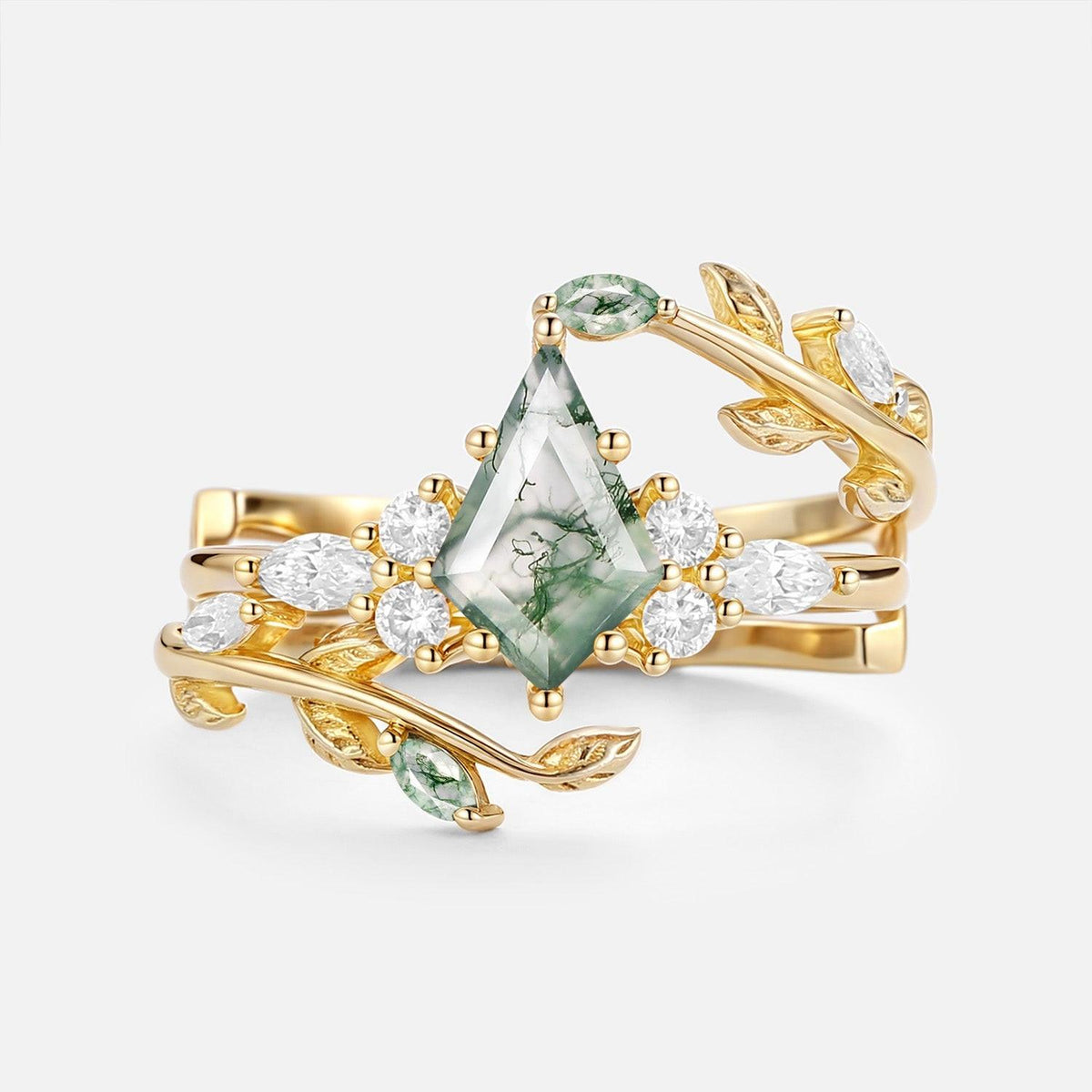 Vern Kite Cut Moss Agate Leafy Cage Engagement Ring Set 2pcs.