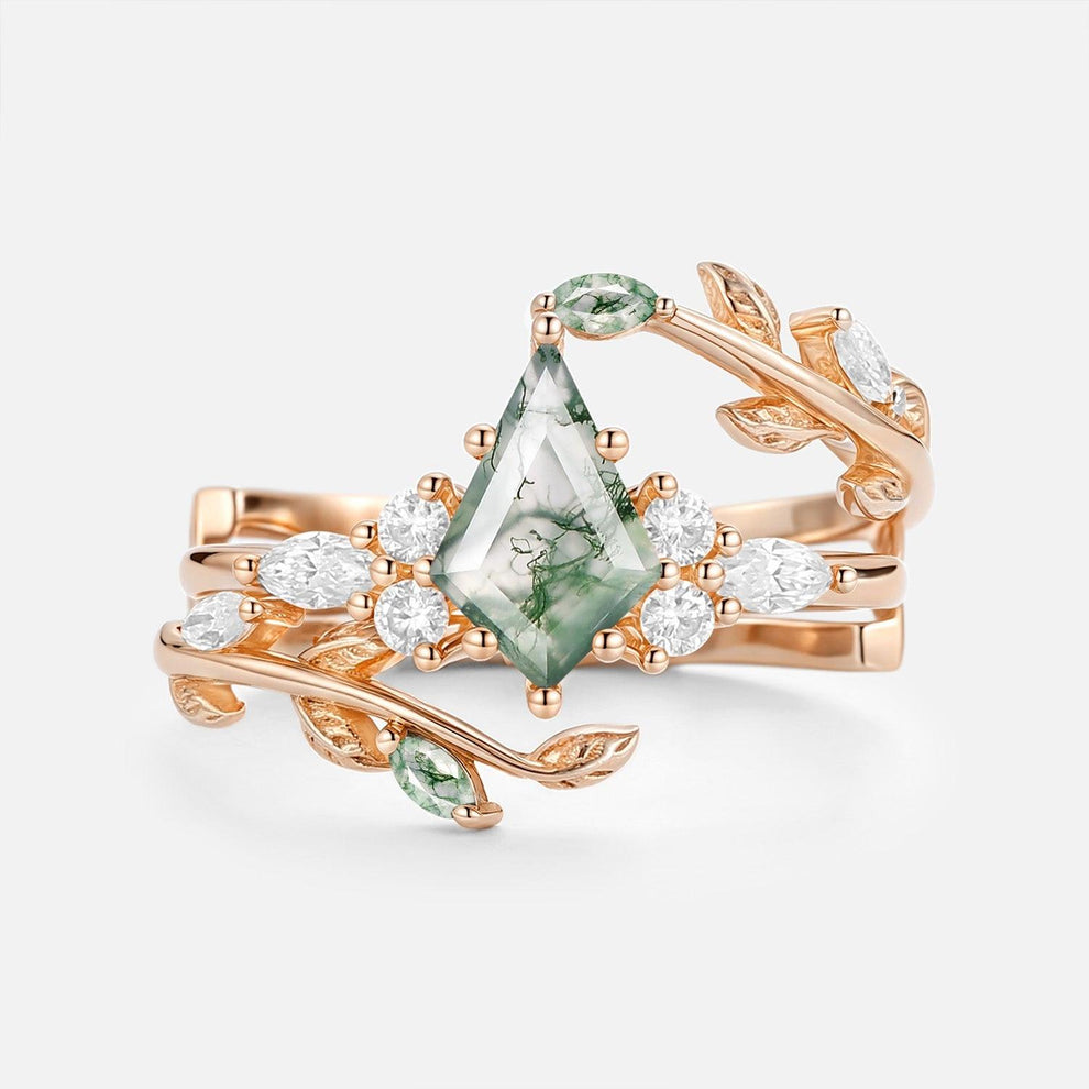 Vern Kite Cut Moss Agate Leafy Cage Engagement Ring Set 2pcs.