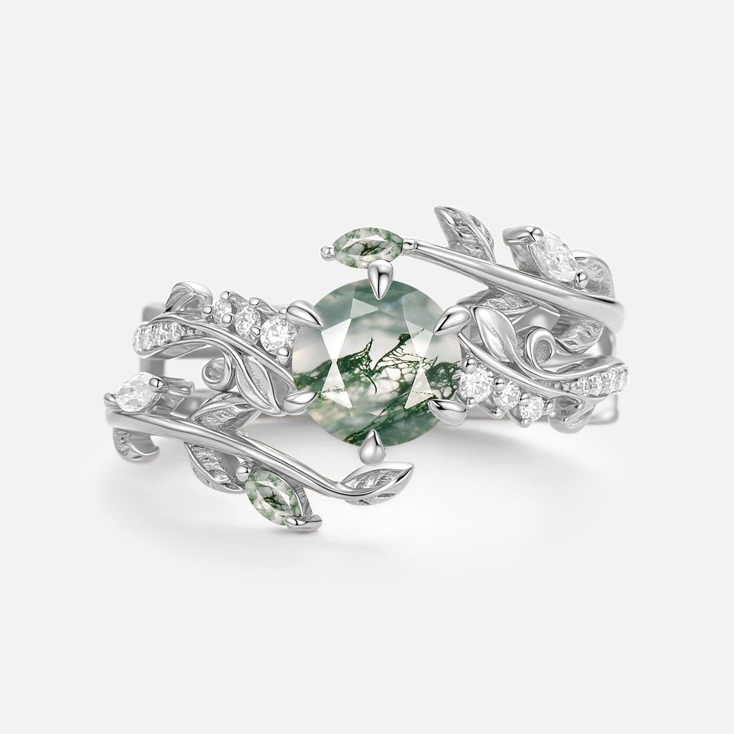 Twine Round Cut Vine Moss Agate Engagement Ring Sets 2pcs.