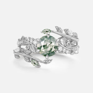 Twine Round Cut Vine Moss Agate Engagement Ring Sets 2pcs.