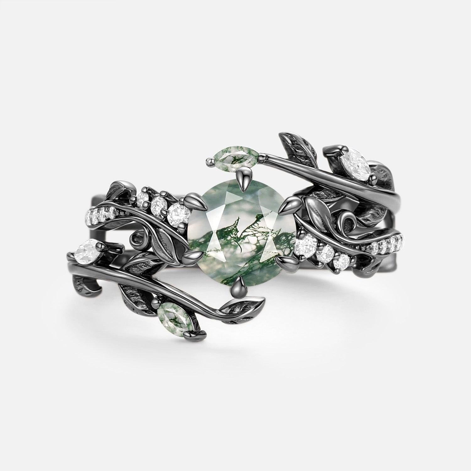 Twine Round Cut Vine Moss Agate Engagement Ring Sets 2pcs.
